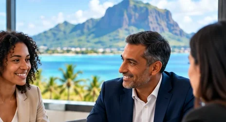 Colleagues in conversation in an office overlooking the Mauritius coast