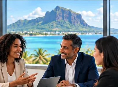Colleagues planning training together in an office overlooking the Mauritius coast