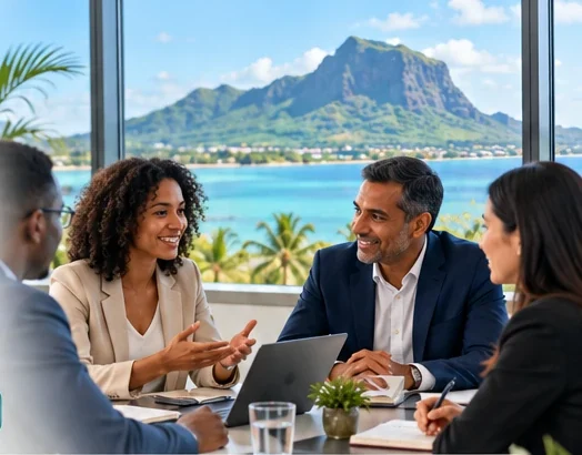 Colleagues discussing a training plan in an office overlooking Le Morne in Mauritius