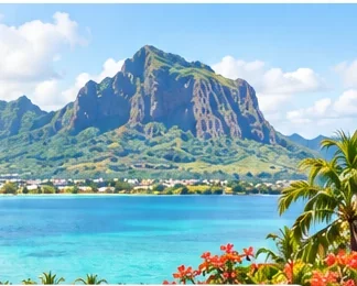 Mountains and lagoon on the Mauritius coast