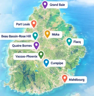 Map of Mauritius marking Grand Baie, Port Louis, Beau Bassin-Rose Hill, Moka, Quatre Bornes, Vacoas-Phoenix, Flacq, Curepipe and Mahébourg