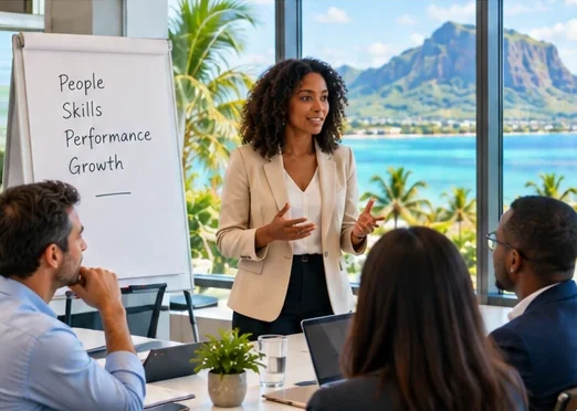 Facilitator presenting to a team beside a flipchart, with Le Morne behind