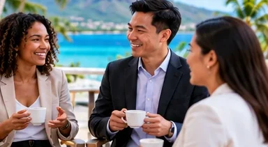 Colleagues smiling during a conversation on a terrace in Mauritius