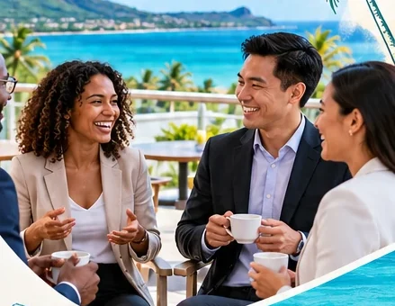 Colleagues networking over coffee on a terrace overlooking the Mauritius coast