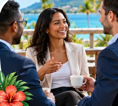 Colleagues talking over coffee on a terrace in Mauritius